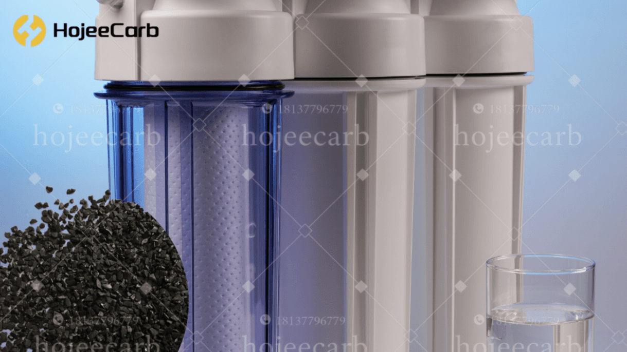 GAC water filtration system with activated carbon granules and clean water