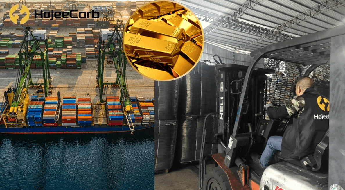 HojeeCarb gold recovery activated carbon shipped through container port to Ghana — port terminal with container vessel, gold bullion, and jumbo-bag warehouse loading