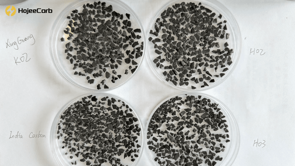 Gold recovery activated carbon samples comparison in petri dishes - different grades and origins