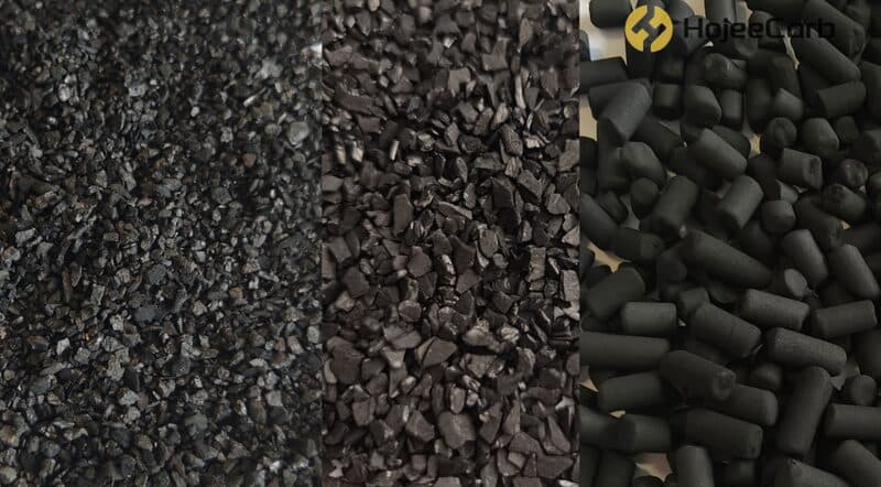 Three forms of activated carbon — fine granules, coarse granules, and cylindrical pellets