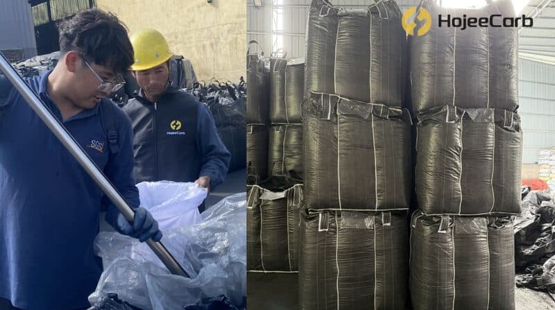 HojeeCarb and SGS inspector collecting an activated carbon sample for quality testing alongside bulk-bag inventory