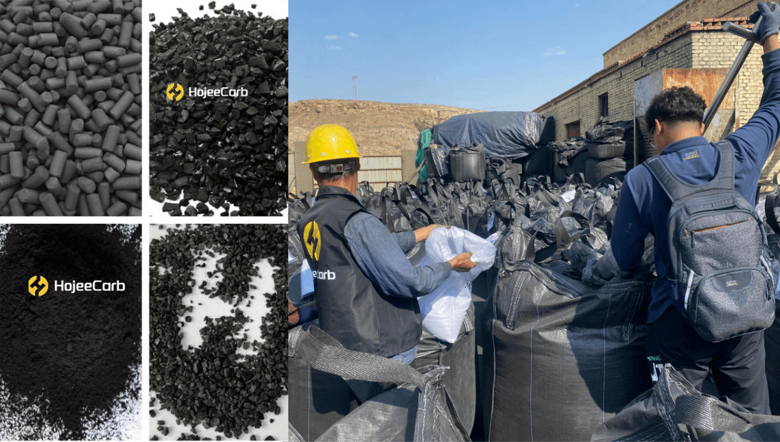 HojeeCarb activated carbon products and factory workers loading bulk bags