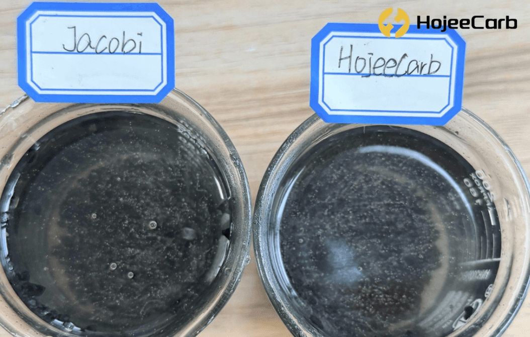 Jacobi vs HojeeCarb coconut shell carbon float and submersion test viewed from above
