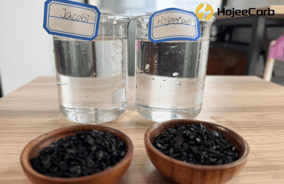 Jacobi vs HojeeCarb coconut shell carbon granule samples in bowls with clear water beakers