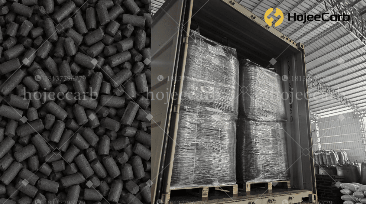 KI impregnated coal-pellet activated carbon and jumbo bags being loaded into a 20GP container for shipment to Kazakhstan