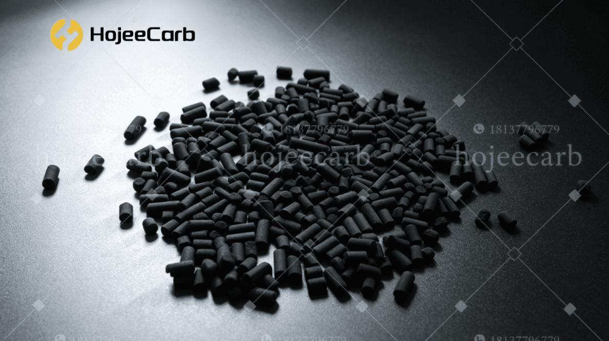 Close-up of KI impregnated coal-pellet activated carbon (Φ3–4 mm) supplied for the Kazakhstan mercury guard bed order