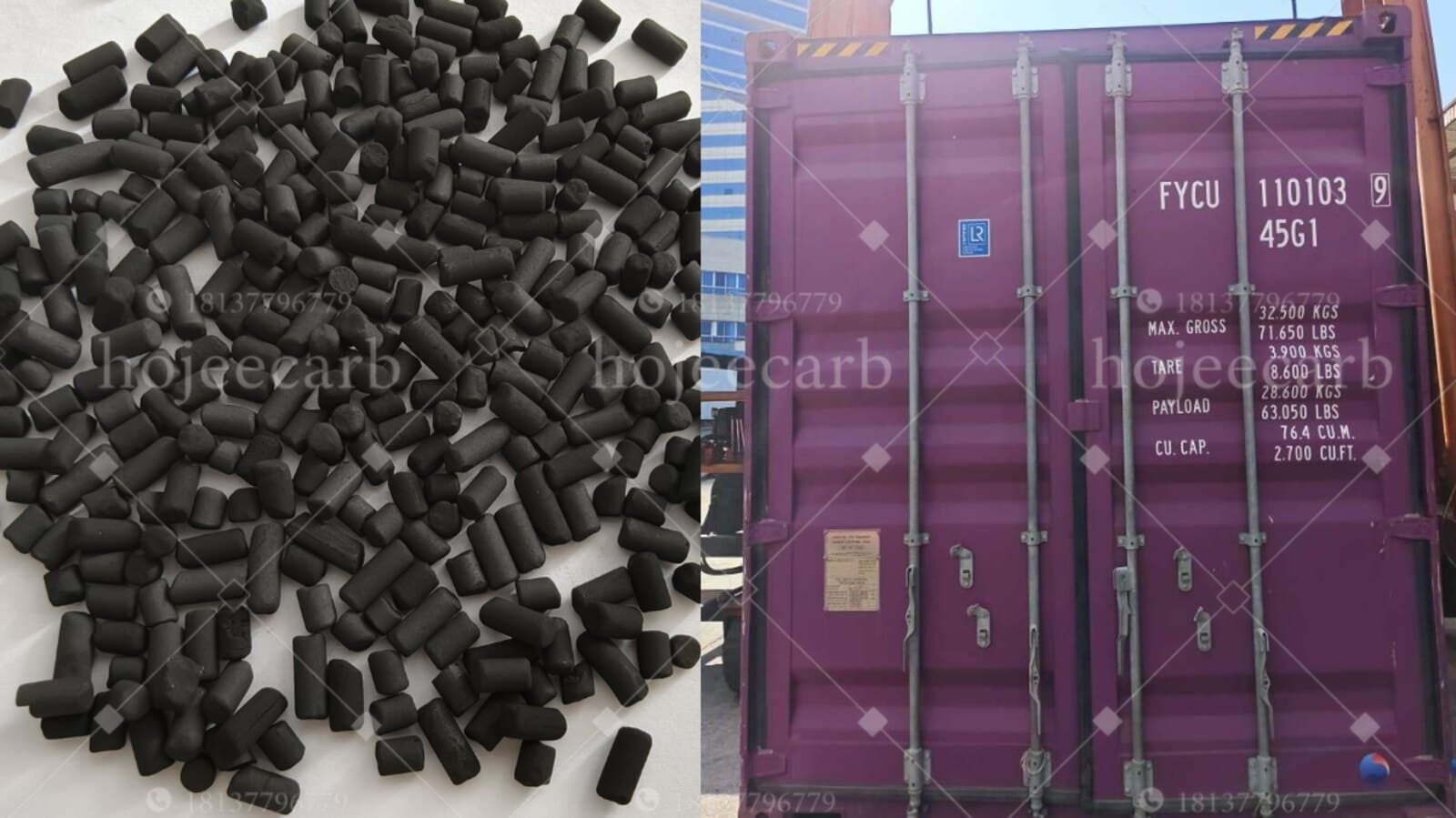 40 ft high-cube container marked 45G1 with 28,600 kg payload loaded with KOH-impregnated columnar activated carbon
