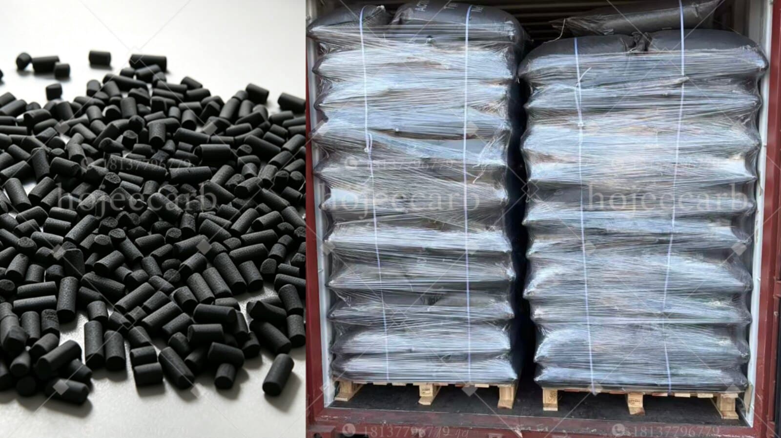 KOH-impregnated columnar activated carbon pellets and palletized jumbo bags loaded inside a shipping container