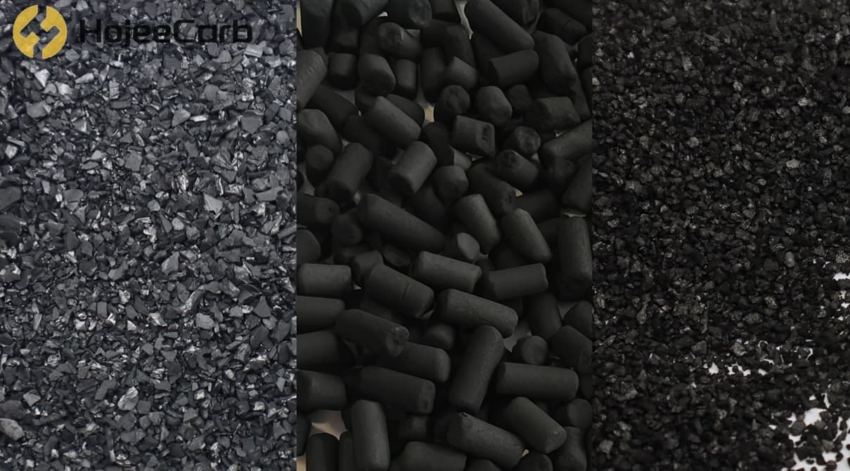 HojeeCarb activated carbon in three forms — granular, columnar pellet and fine granular — alternatives to Kuraray coconut, coal and wood grades