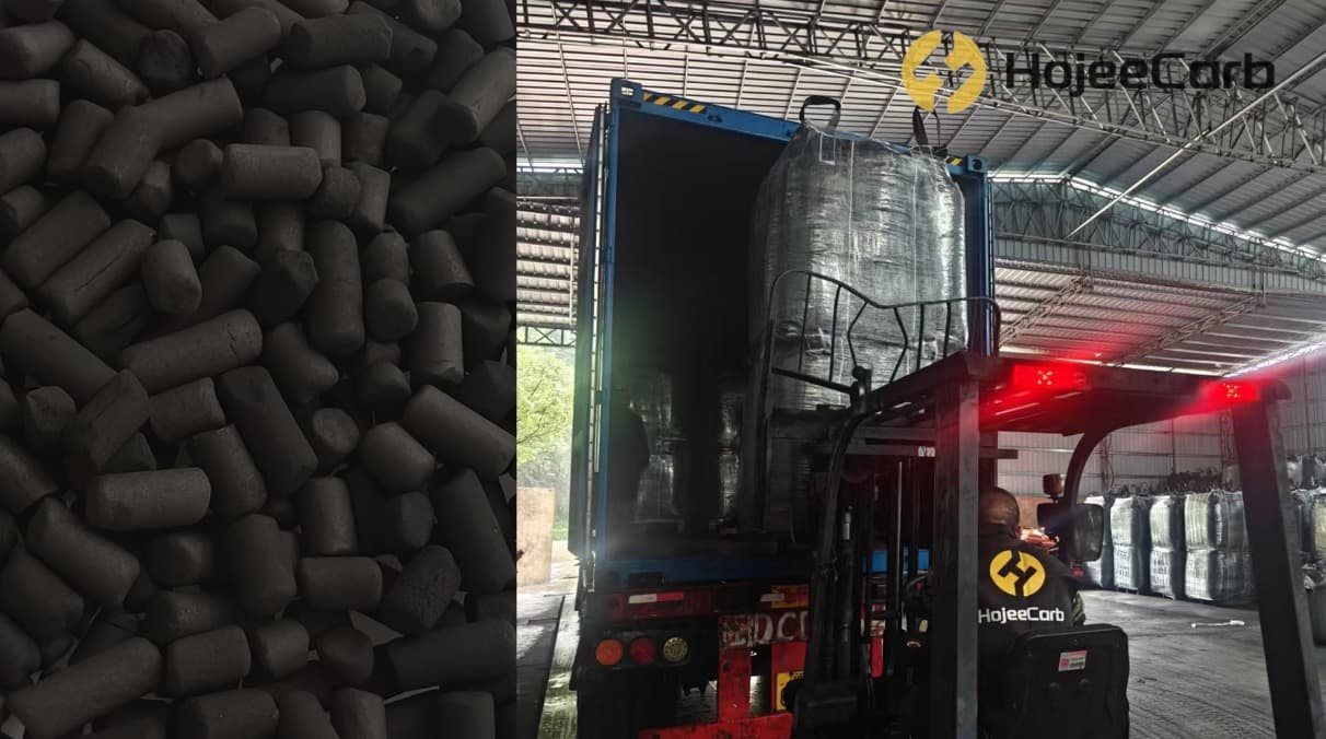 HojeeCarb coal columnar (pellet) activated carbon close-up and forklift loading bulk bags into a shipping container for export