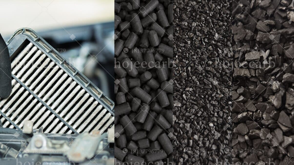HojeeCarb activated carbon products for PFAS air filtration — honeycomb carbon filter, pellet carbon, and granular activated carbon (GAC) in two mesh sizes