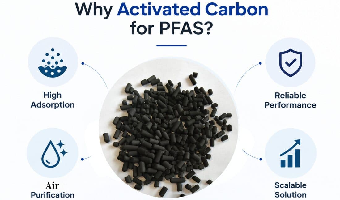 Infographic: Why activated carbon for PFAS — high adsorption, reliable performance, air purification, scalable solution