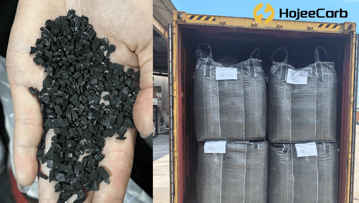 HojeeGold CG35 gold recovery carbon in 550kg jumbo bag with coconut shell carbon shown by hand