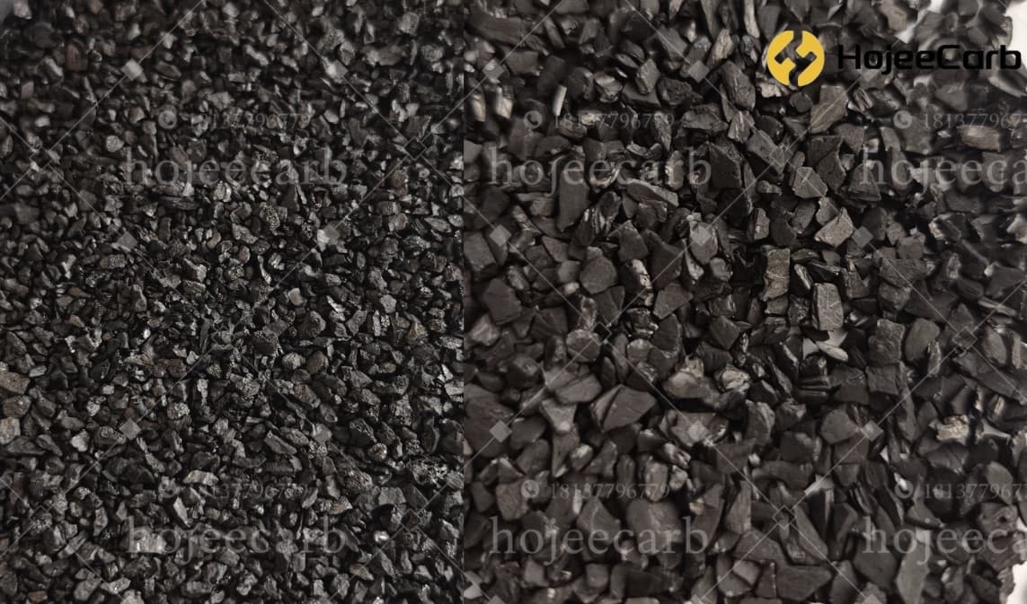 Macro comparison of two granular activated carbon mesh grades side by side, finer 12x40 granules on the left and coarser 8x30 granules on the right, showing particle size and hardness differences that affect fines generation
