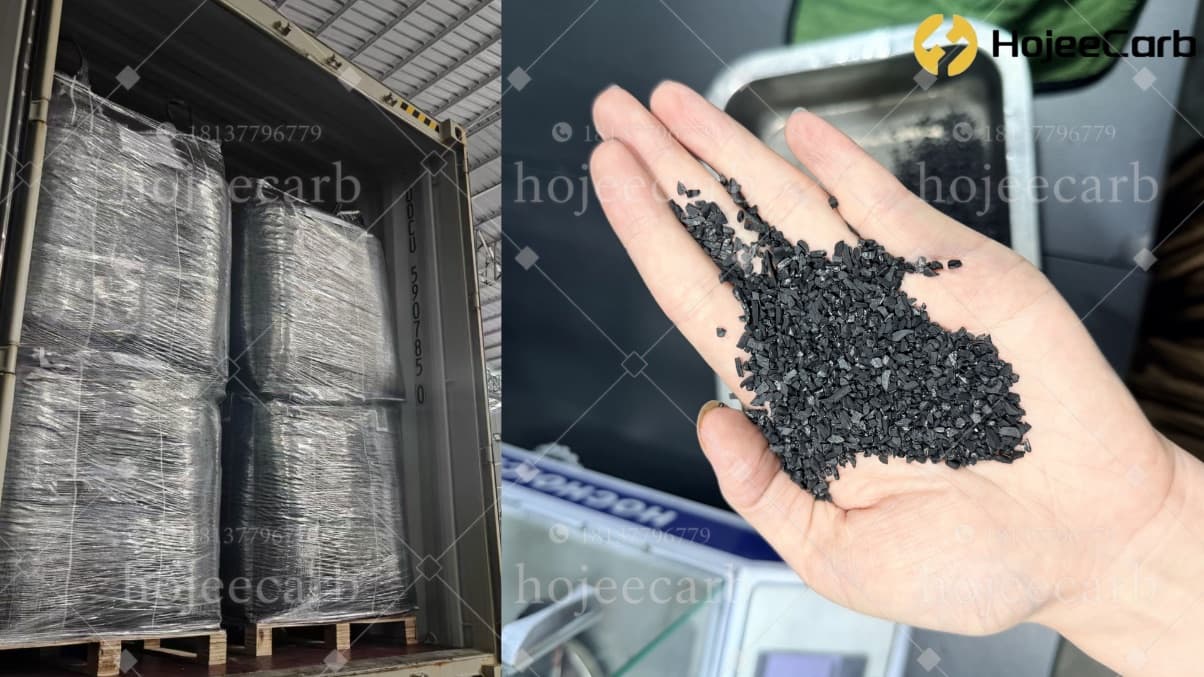 Bulk bags of granular activated carbon loaded in a shipping container next to a hand holding black angular GAC granules used in PFAS water treatment
