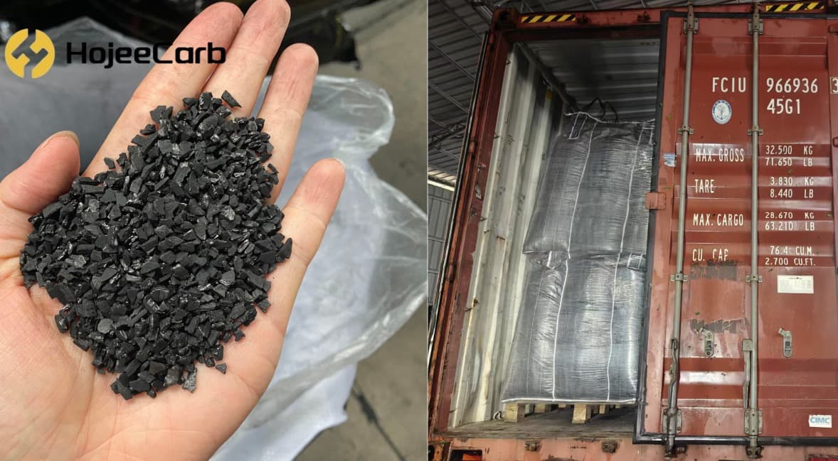 Activated carbon in woven bags being loaded into a shipping container for a 56-ton Sudan gold mining order