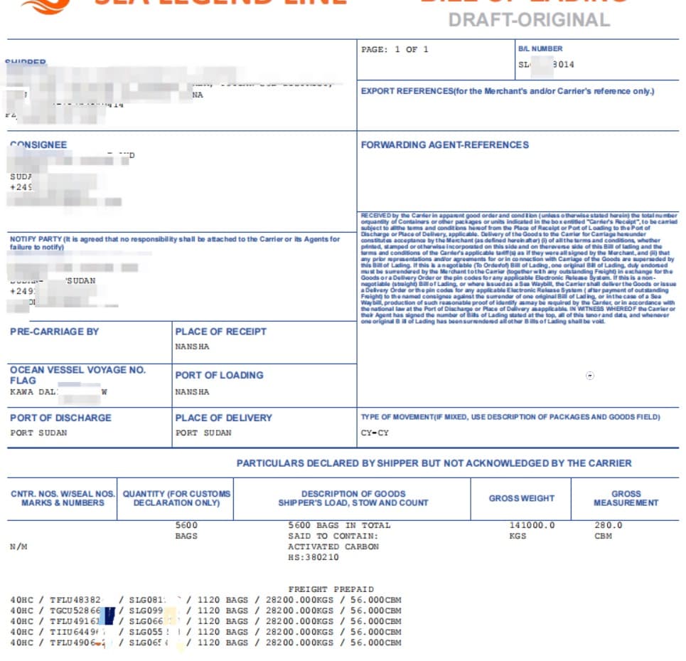 Original Bill of Lading for 56 tons activated carbon shipped from Nansha port to Port Sudan — Sea Legend Line, 5 containers of 40HQ, 141 tons gross weight, HS code 380210