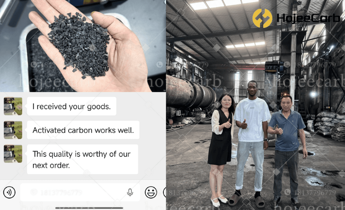 Sudan gold mine client visiting HojeeCarb factory with sales team — WhatsApp message confirming 'activated carbon works well' and 'this quality is worthy of our next order'