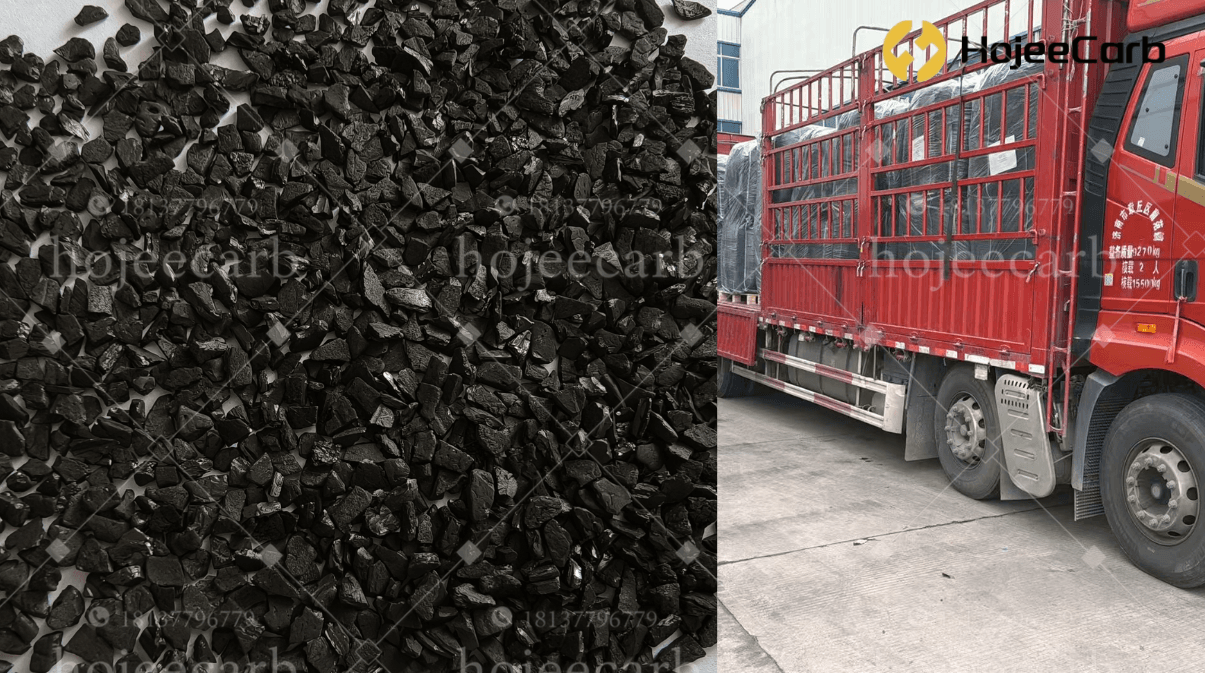 HojeeGold CG33 coconut shell activated carbon granules (6×12 mesh) with loaded truck departing factory for Port Sudan — 84-ton CIP gold mining order