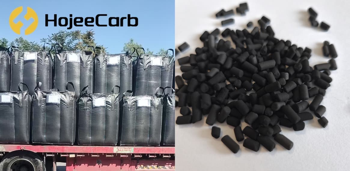 Jumbo bags (FIBC) of coal-based columnar activated carbon loaded on a flatbed truck for the UAE via Jebel Ali
