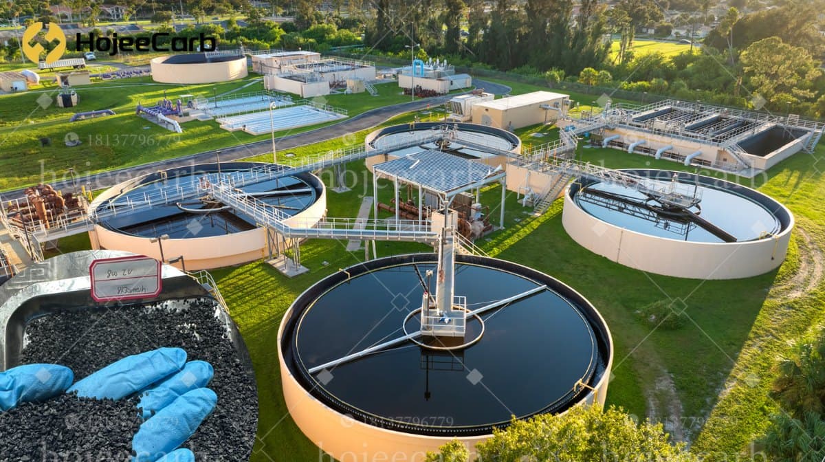 Aerial view of a large wastewater treatment facility with multiple circular clarifiers, with an inset of gloved hands holding granular activated carbon in a sampling tray — illustrating EU UWWTD quaternary treatment