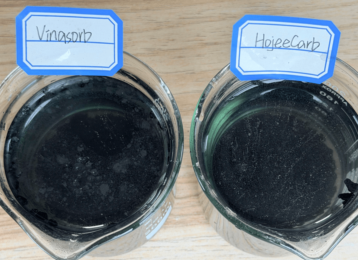 Coconut shell activated carbon water clarity and bubble test — showing pore development and washing quality