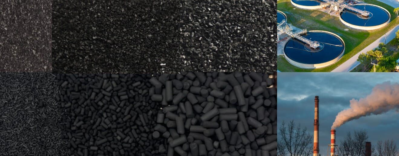 Various forms of activated carbon — granular, pellet, and powder