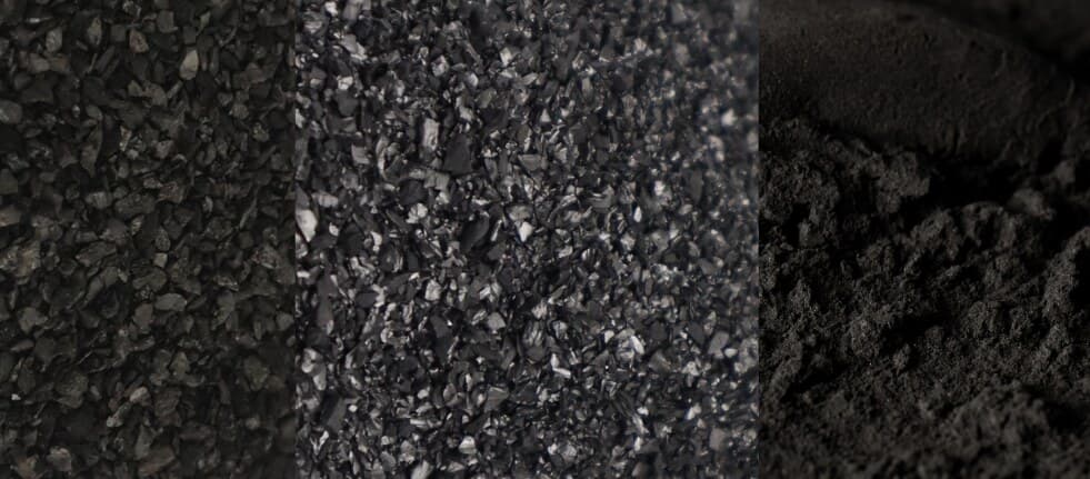 Activated carbon varieties — granular, pellet, and fine powder close-up