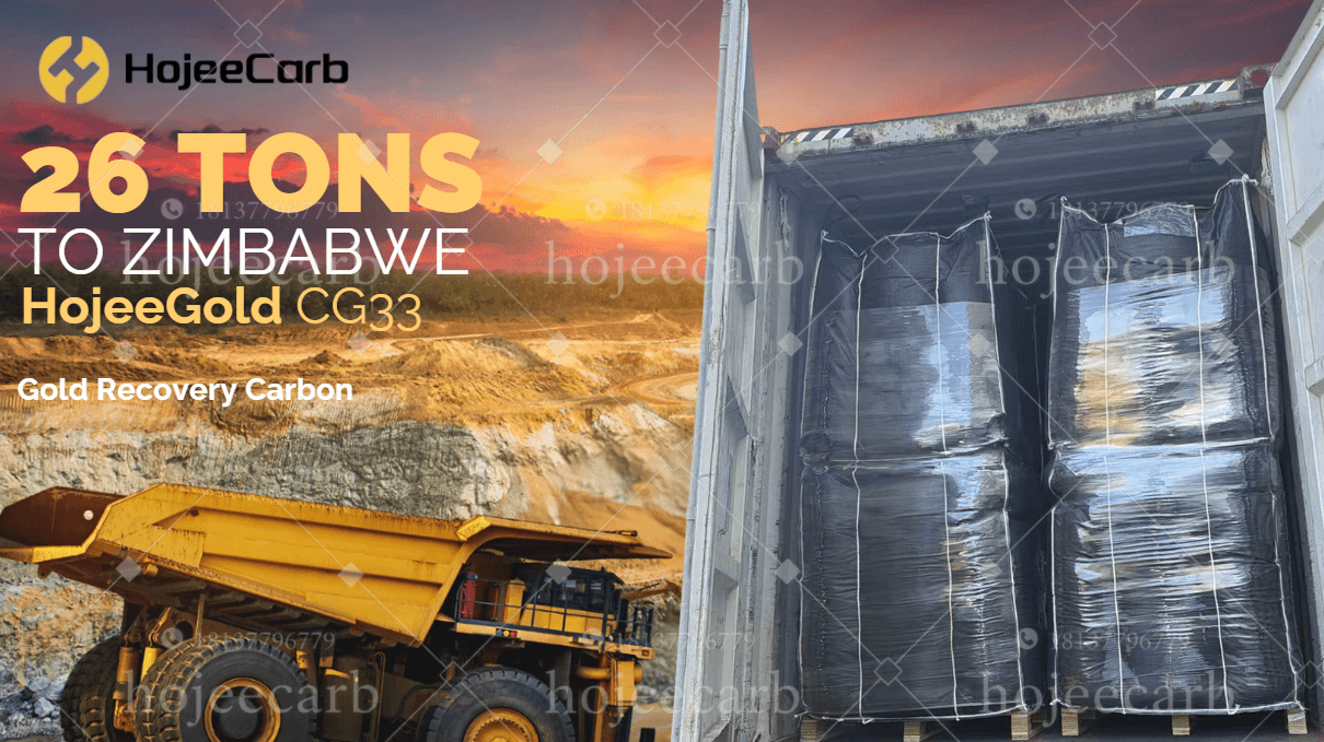 26 tons of HojeeGold CG33 coconut shell gold recovery carbon packed in 500 kg bulk bags and loaded into a 40ft container bound for a Zimbabwe CIP gold mine