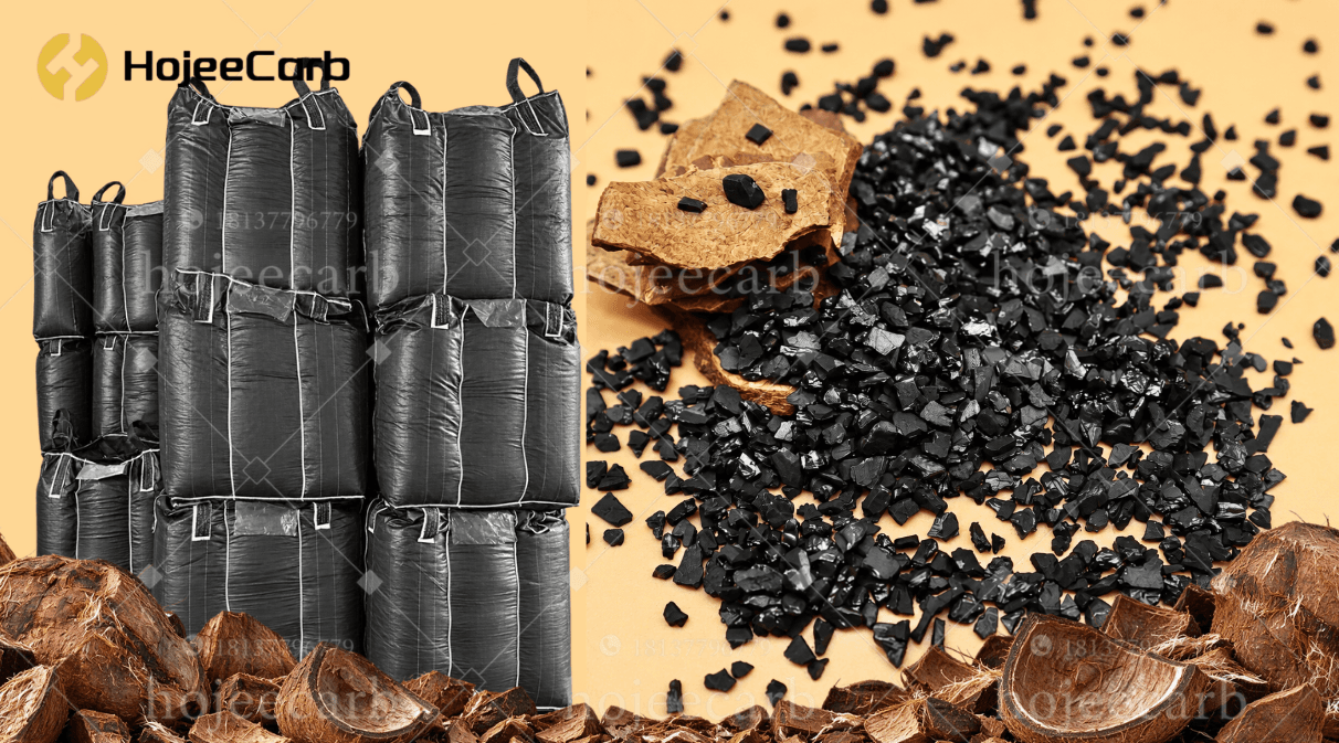Stacked 500 kg FIBC bulk bags of HojeeGold CG33 alongside a close-up of 6×12 mesh coconut shell activated carbon granules with raw coconut shell showing the raw material source