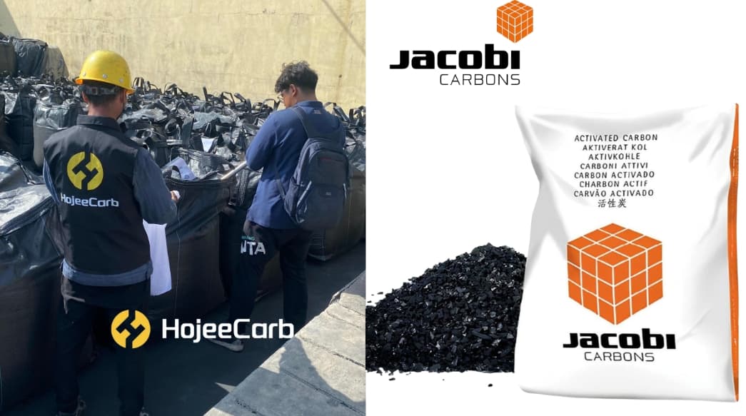 HojeeCarb factory workers loading activated carbon vs Jacobi Carbons product packaging