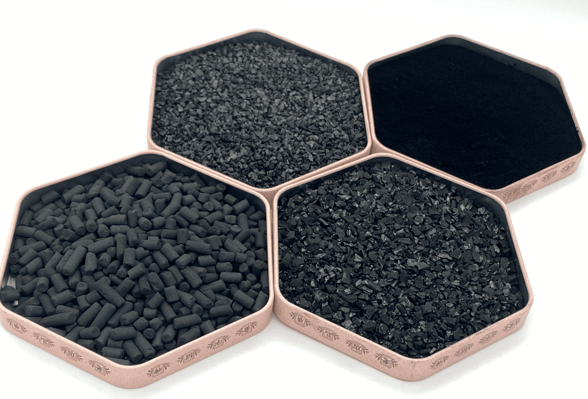 Catalytic activated carbon types including granular pellet and powdered forms