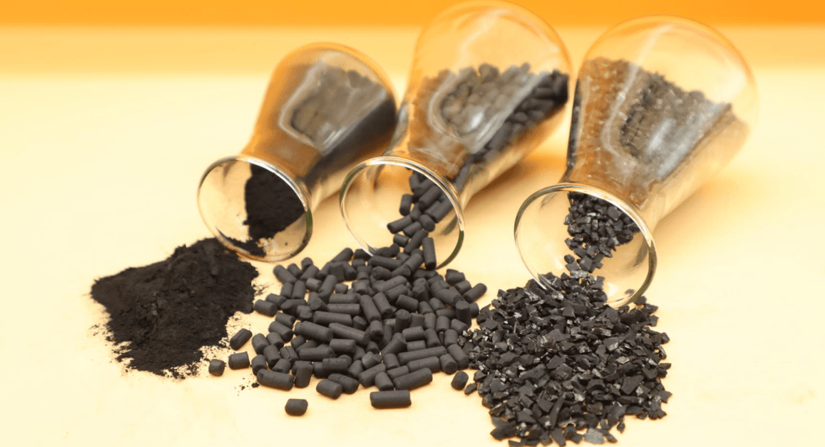 Three types of activated carbon: powdered, pellet, and granular forms