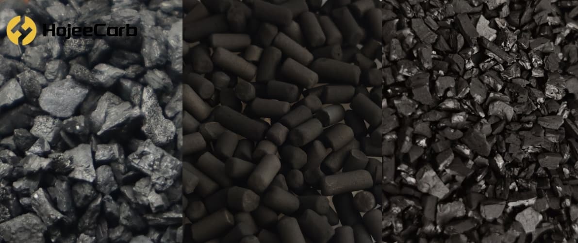 Granular, pelletized and extruded activated carbon forms for air purification systems
