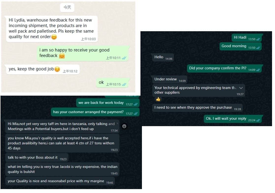 WhatsApp messages from coconut shell activated carbon buyers praising quality, packaging, and pricing