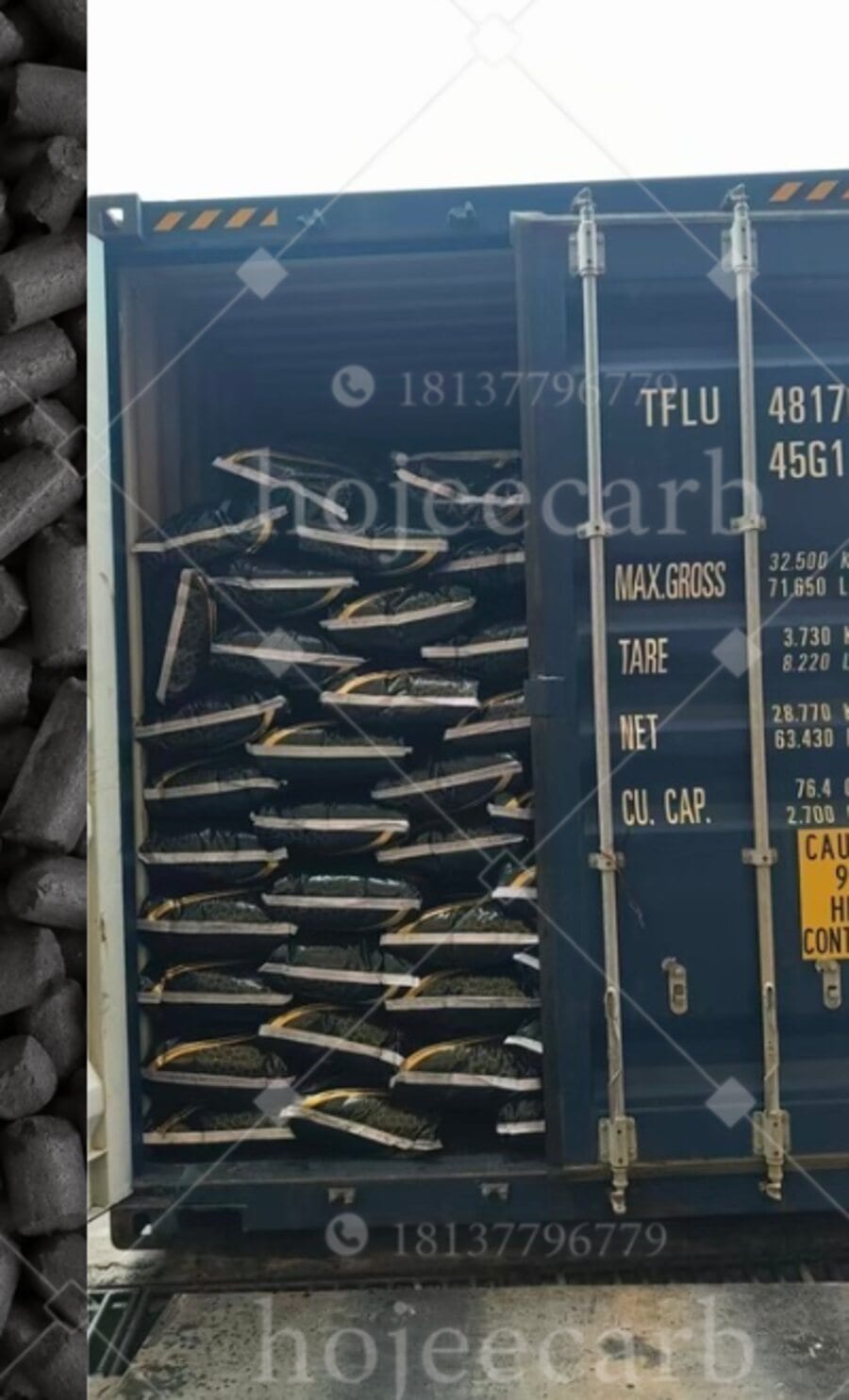 CuO/MgO impregnated activated carbon loaded in a shipping container as bulk woven bags ready for export