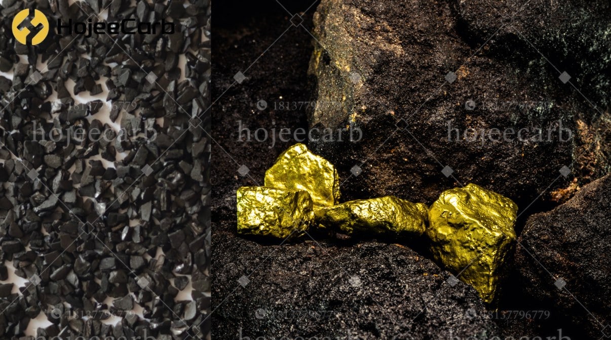 Coconut shell granular activated carbon beside gold nuggets on ore, illustrating GAC for gold recovery CIL CIP circuits
