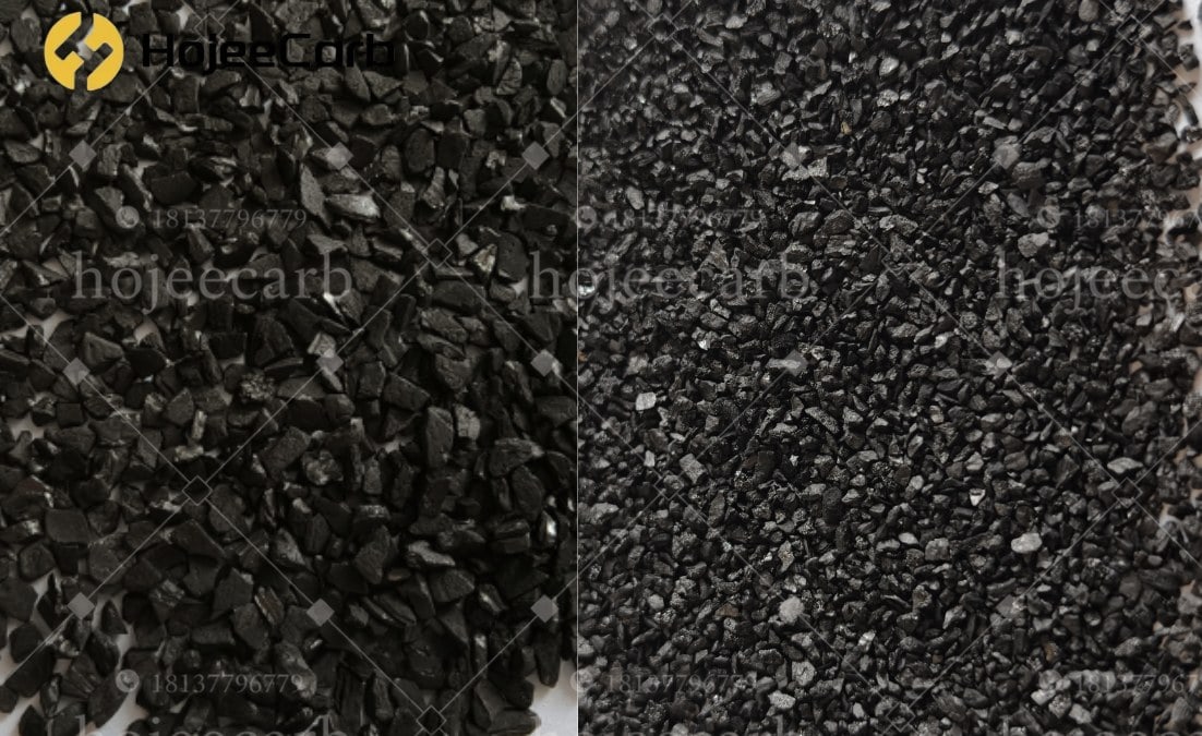 Side-by-side comparison of two granular activated carbon grades showing different particle size and mesh cuts