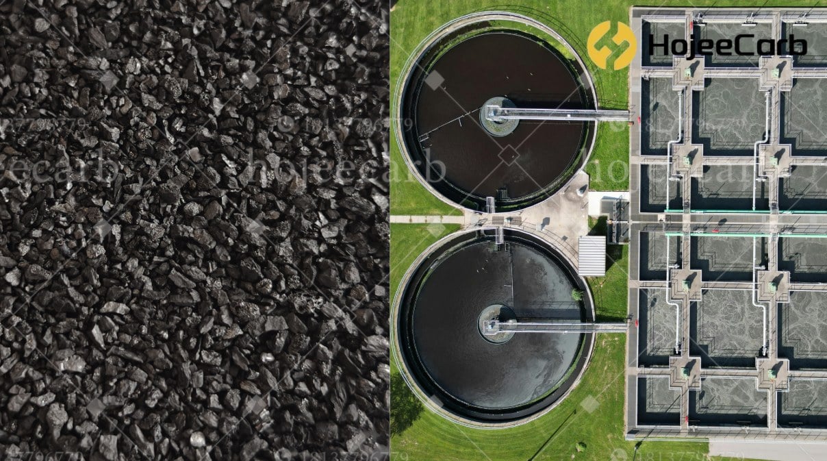 Granular activated carbon closeup beside an aerial view of a municipal water treatment plant using GAC filter beds