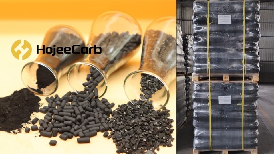 HojeeCarb activated carbon products - powder, pellets, and granular forms with warehouse packaging