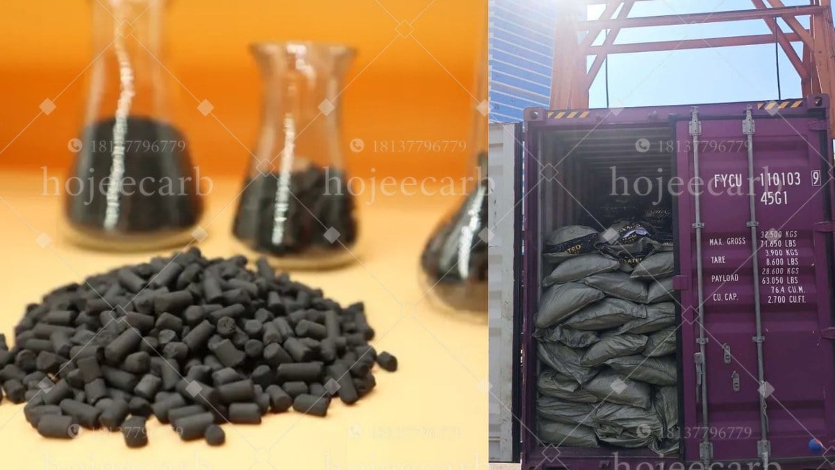 KI impregnated activated carbon pellets with iodine test flasks and a container loaded with woven bags for export