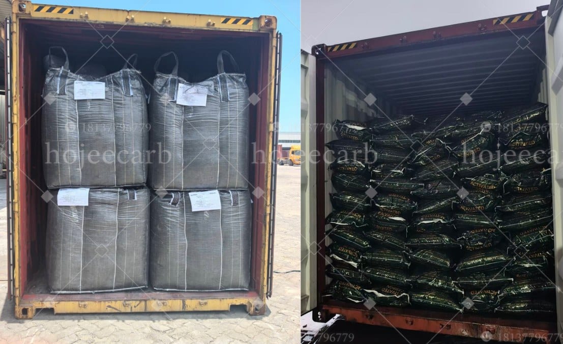 KI impregnated activated carbon loaded in shipping containers as jumbo bags and 25kg woven bags ready for export