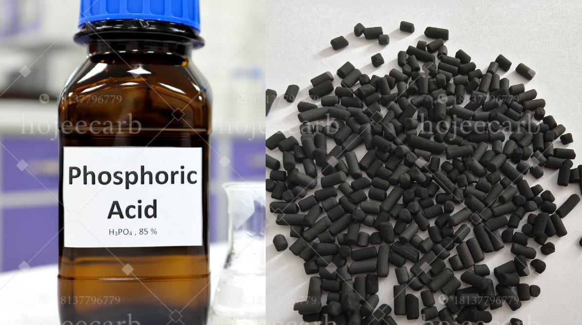 Phosphoric acid H₃PO₄ reagent bottle alongside black cylindrical H₃PO₄-impregnated activated carbon pellets showing the impregnation process input and finished product