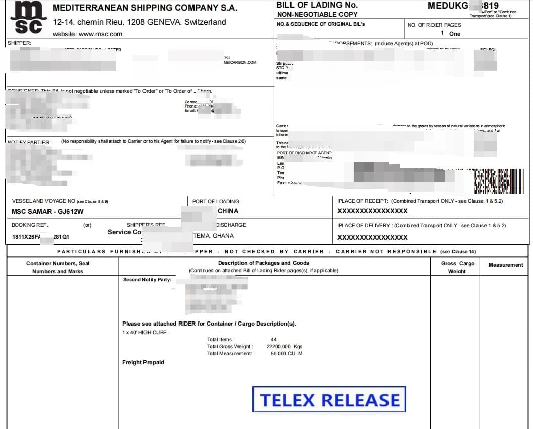 Bill of lading — activated carbon shipped via MSC to Tema, Ghana for transit to Burkina Faso
