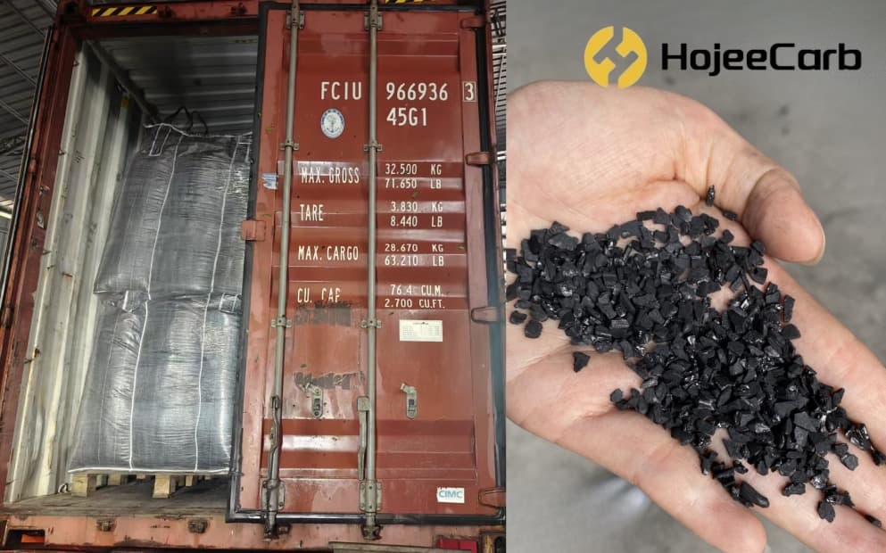 Activated carbon loaded into an export container with product close-up — HojeeCarb