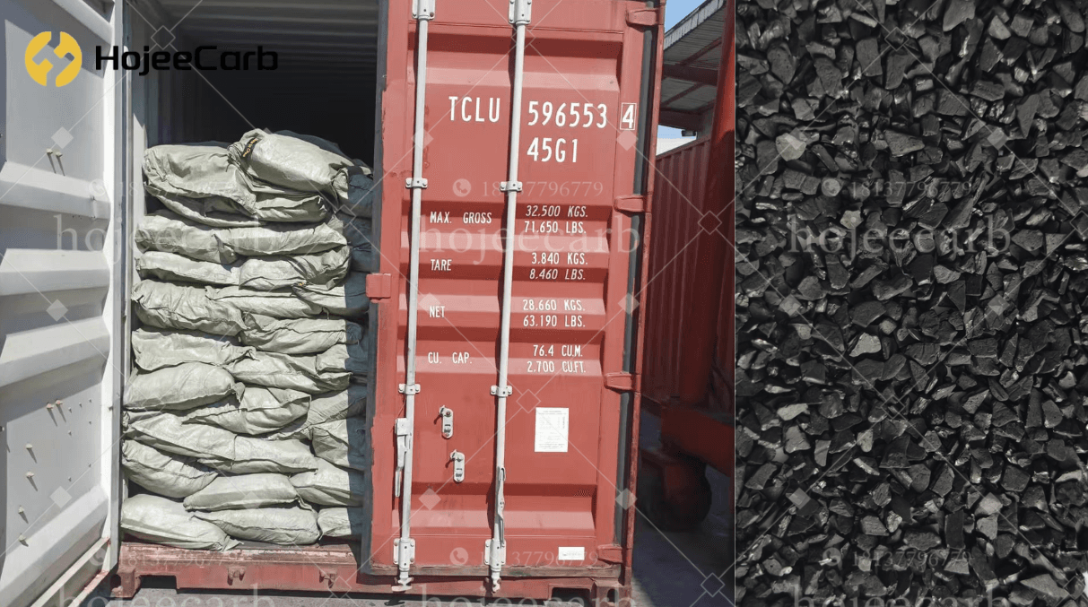 HojeeCarb activated carbon container loading — 500 kg jumbo bags in shipping container