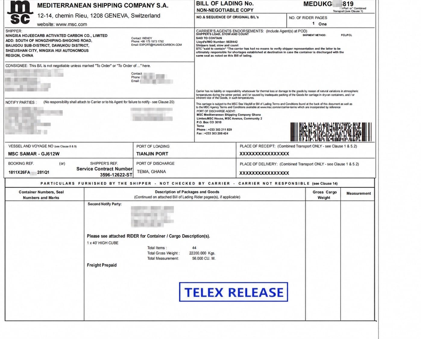 Bill of Lading — MSC vessel from Tianjin to Tema, Ghana, gold recovery activated carbon shipment