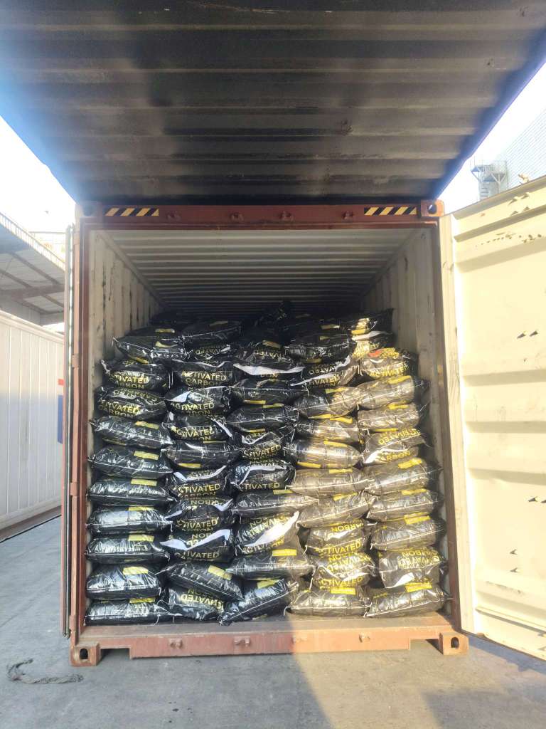 Shipping container fully loaded with activated carbon bags for export to Sudan