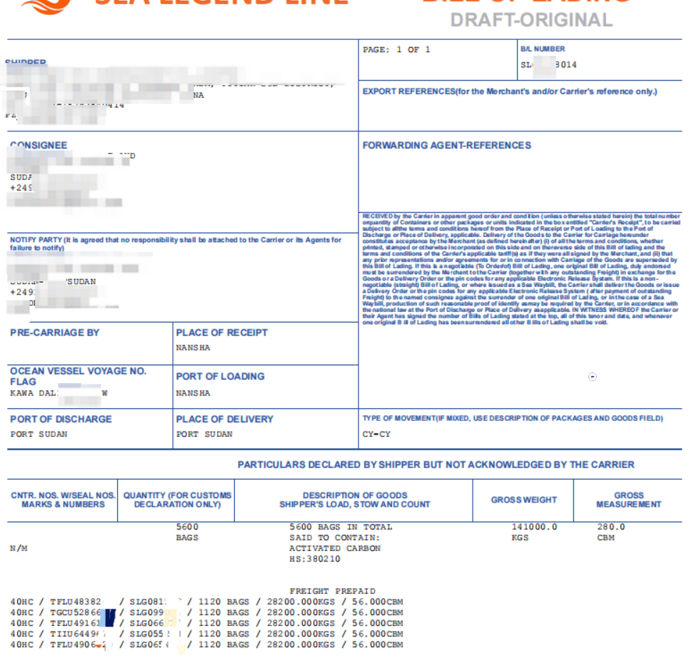 Bill of lading — 141 tons activated carbon shipped to Port Sudan, Sea Legend Line