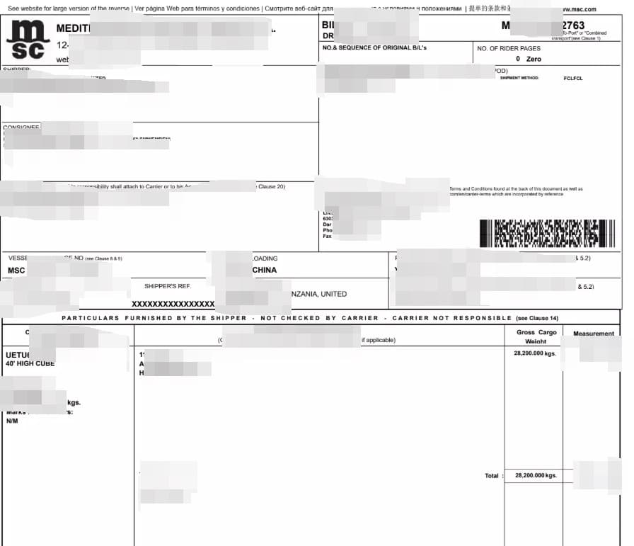 Bill of lading — activated carbon shipped to Dar es Salaam, Tanzania via MSC